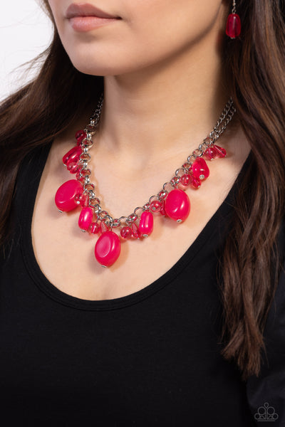 VENETIAN VACATION - PINK BEAD SILVER SHORT NECKLACE - PAPARAZZI