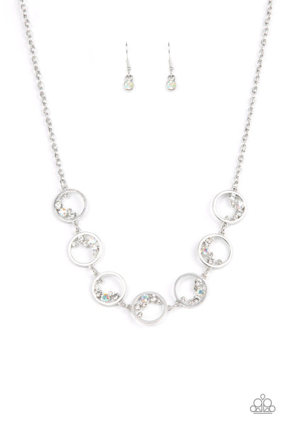 BLISSFULLY BUBBLY - WHITE IRIDESCENT RHINESTONE SILVER CIRCLE NECKLACE - PAPARAZZI