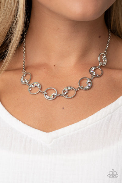 BLISSFULLY BUBBLY - WHITE IRIDESCENT RHINESTONE SILVER CIRCLE NECKLACE - PAPARAZZI