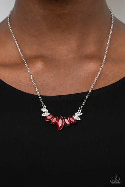 ONE EMPIRE AT A TIME - RED AND WHITE RHINESTONE SILVER DAINTY NECKLACE - PAPARAZZI