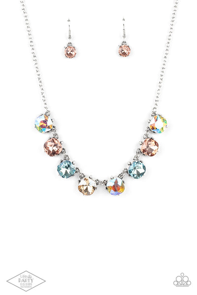 DREAMY DECORUM - MULTI IRIDESCENT PASTEL RHINESTONE SILVER NECKLACE JUNE 2021 FASHION FIX - PAPARAZZI