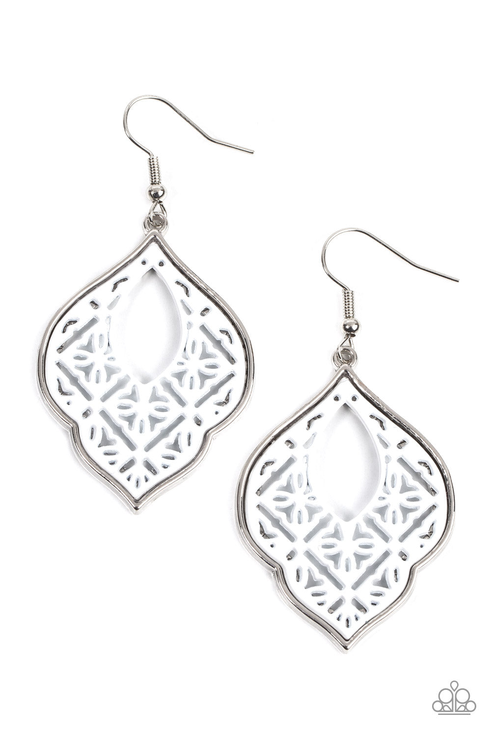 THESSALY TERRACE - WHITE FLORAL TILE SILVER EARRINGS - PAPARAZZI