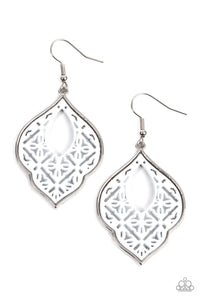 THESSALY TERRACE - WHITE FLORAL TILE SILVER EARRINGS - PAPARAZZI