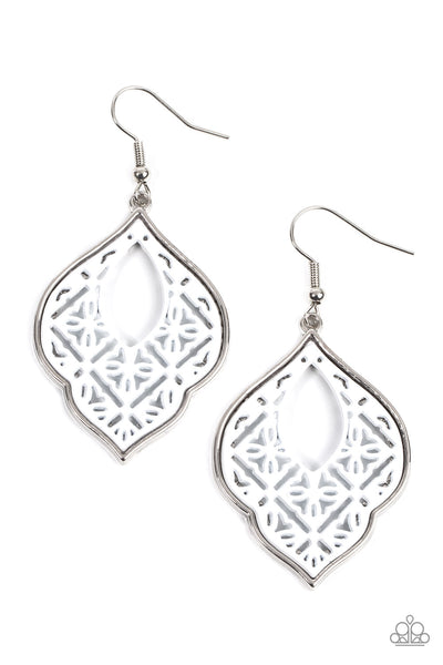 THESSALY TERRACE - WHITE FLORAL TILE SILVER EARRINGS - PAPARAZZI