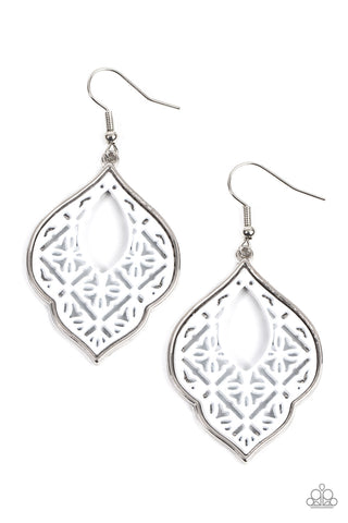 THESSALY TERRACE - WHITE FLORAL TILE SILVER EARRINGS - PAPARAZZI
