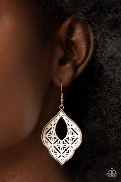 THESSALY TERRACE - WHITE FLORAL TILE SILVER EARRINGS - PAPARAZZI