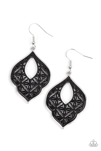 THESSALY TERRACE - BLACK FLORAL SILVER EARRINGS - PAPARAZZI