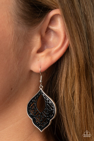 THESSALY TERRACE - BLACK FLORAL SILVER EARRINGS - PAPARAZZI