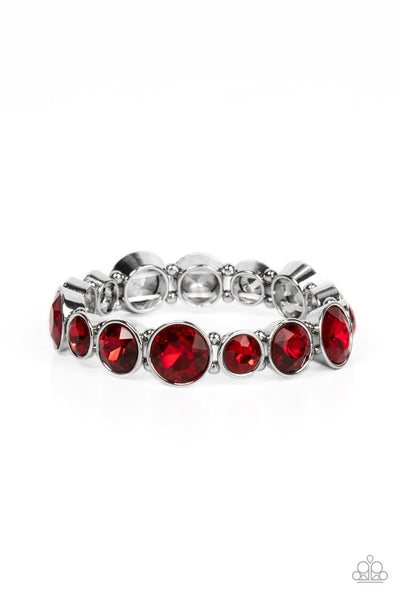 TWINKLING TEASE - RED GEM SILVER STRETCHY BRACELET - PAPARAZZI