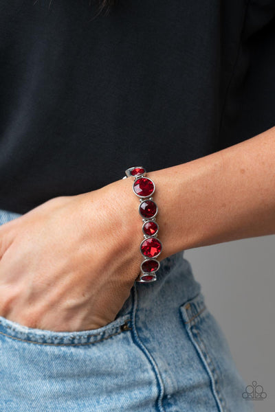 TWINKLING TEASE - RED GEM SILVER STRETCHY BRACELET - PAPARAZZI