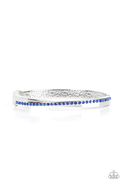 PALACE PENTHOUSE - BLUE RHINESTONE SILVER HINGED BRACELET - PAPARAZZI
