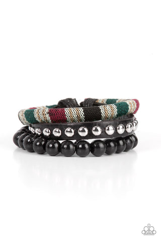 LOOM ZOOM - BLACK LEATHER SILVER STUD TEXTILE SLIDE BRACELETS - PAPARAZZI