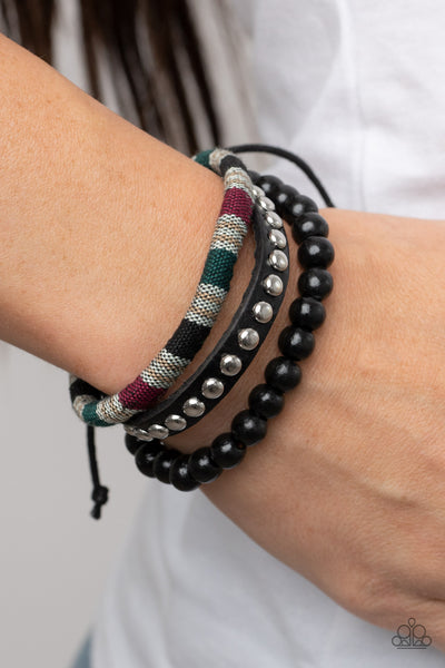 LOOM ZOOM - BLACK LEATHER SILVER STUD TEXTILE SLIDE BRACELETS - PAPARAZZI