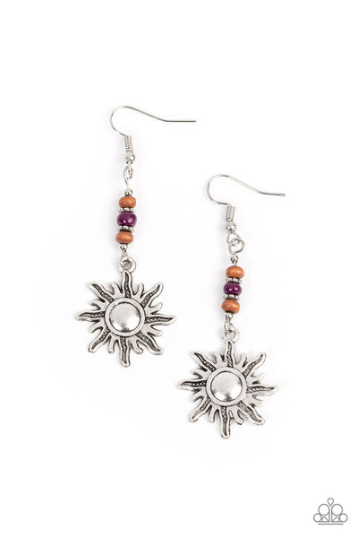 SUNSHINY DAYS - PURPLE AND WOODEN BEAD SILVER SUN EARRINGS - PAPARAZZI