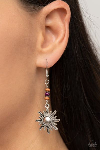 SUNSHINY DAYS - PURPLE AND WOODEN BEAD SILVER SUN EARRINGS - PAPARAZZI