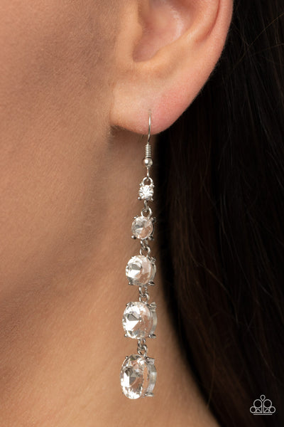 RED CARPET CHARMER - WHITE RHINESTONE SILVER EARRINGS - PAPARAZZI