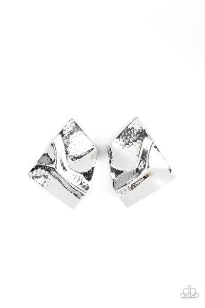 MODERN MAVERICK - SILVER HAMMERED SQUARE POST EARRINGS - PAPARAZZI