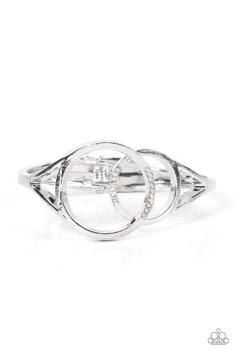 SCOPE OF EXPERTISE - WHITE RHINESTONE SILVER CIRCLE HINGED BRACELET - PAPARAZZI