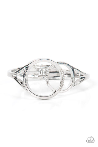 SCOPE OF EXPERTISE - WHITE RHINESTONE SILVER CIRCLE HINGED BRACELET - PAPARAZZI
