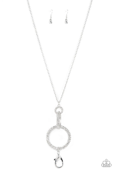 RADIANT RINGLEADER - WHITE RHINESTONE SILVER LANYARD NECKLACE - PAPARAZZI