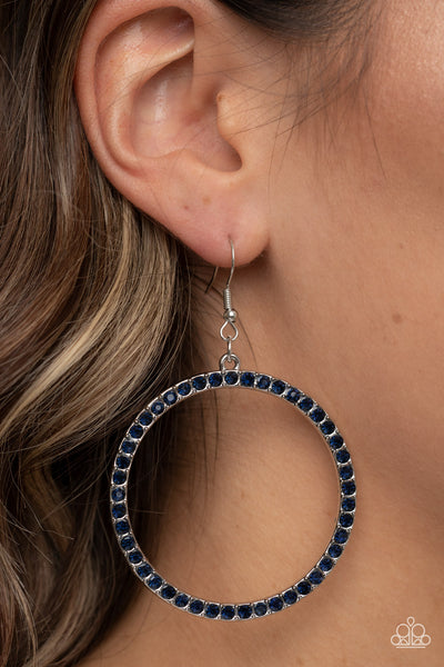 HEAD-TURNING HALO - BLUE RHINESTONE SILVER CIRCLE EARRINGS - PAPARAZZI