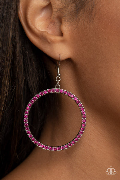 HEAD-TURNING HALO - PINK RHINESTONE SILVER CIRCLE EARINGS - PAPARAZZI