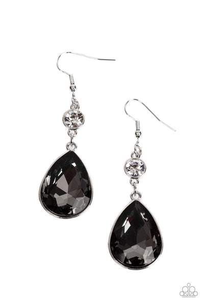 SMILE FOR THE CAMERA - SILVER SMOKY GEM TEARDROP EARRINGS - PAPARAZZI