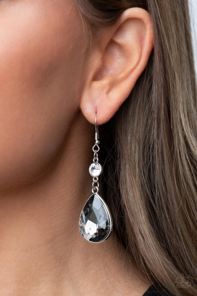 SMILE FOR THE CAMERA - SILVER SMOKY GEM TEARDROP EARRINGS - PAPARAZZI