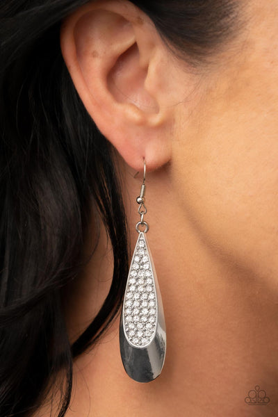 PRISMATICALLY PERSUASIVE - WHITE RHINESTONE SILVER TEARDROP EARRINGS - PAPARAZZI