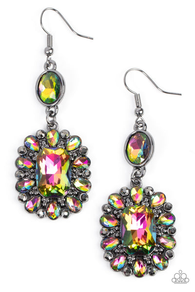 CAPRICIOUSLY COSMOPOLITAN - MULTI OIL SPILL GEM AND HEMATITE RHINESTONE EARRINGS - PAPARAZZI