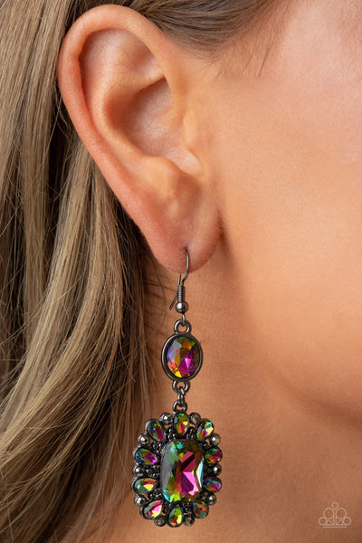 CAPRICIOUSLY COSMOPOLITAN - MULTI OIL SPILL GEM AND HEMATITE RHINESTONE EARRINGS - PAPARAZZI