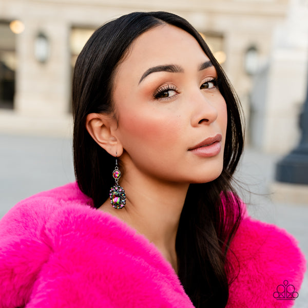 CAPRICIOUSLY COSMOPOLITAN - MULTI OIL SPILL GEM AND HEMATITE RHINESTONE EARRINGS - PAPARAZZI
