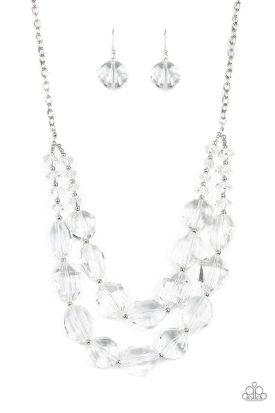 ICY ILLUMINATION - WHITE CLEAR CHUNKY BEAD SILVER LAYERED NECKLACE - PAPARAZZI Regular price