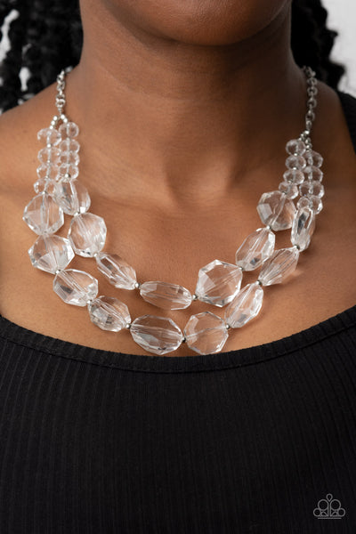ICY ILLUMINATION - WHITE CLEAR CHUNKY BEAD SILVER LAYERED NECKLACE - PAPARAZZI Regular price