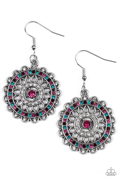 TWINKLY TRANSLATION - MULTI PINK AND BLUE RHINESTONE SILVER EARRINGS - PAPARAZZI