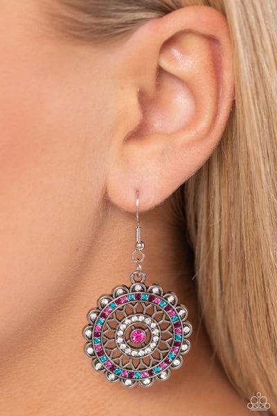 TWINKLY TRANSLATION - MULTI PINK AND BLUE RHINESTONE SILVER EARRINGS - PAPARAZZI