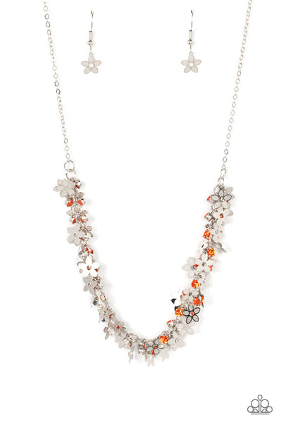 FEARLESSLY FLORAL - ORANGE RHINESTONE DAINTY SILVER FLOWER NECKLACE - PAPARAZZI