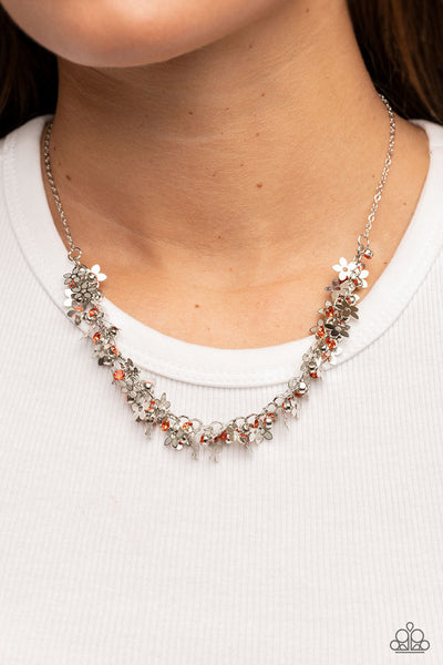 FEARLESSLY FLORAL - ORANGE RHINESTONE DAINTY SILVER FLOWER NECKLACE - PAPARAZZI
