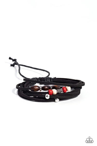 ABSOLUTELY WANDER-FUL - RED AND WHITE WOODEN BEAD BLACK LEATHER SLIDE BRACELET - PAPARAZZI
