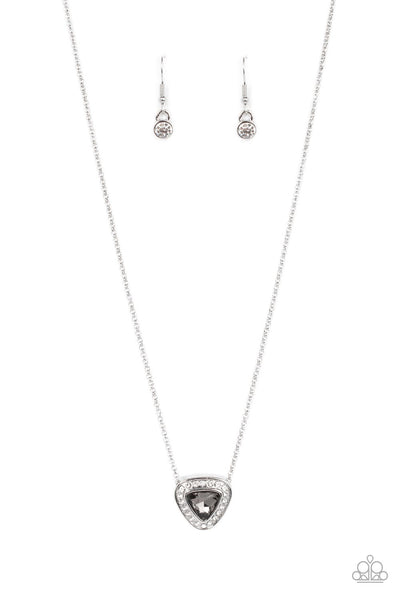 THE WHOLE PACKAGE - SMOKY TRIANGLE GEM SILVER NECKLACE - PAPARAZZI