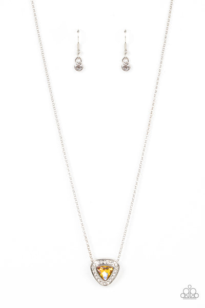 THE WHOLE PACKAGE - YELLOW IRIDESCENT TRIANGLE GEM SILVER NECKLACE - PAPARAZZI