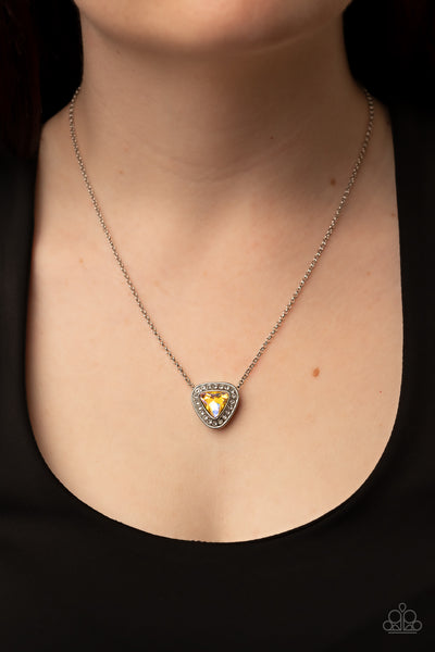 THE WHOLE PACKAGE - YELLOW IRIDESCENT TRIANGLE GEM SILVER NECKLACE - PAPARAZZI