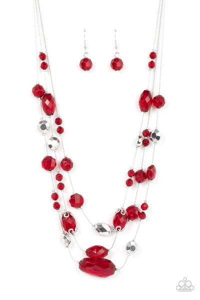 PRISMATIC POSE - RED BEAD SILVER LAYERED NECKLACE - PAPARAZZI