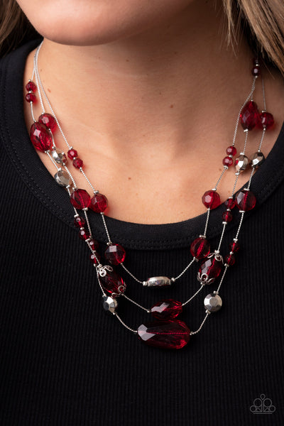 PRISMATIC POSE - RED BEAD SILVER LAYERED NECKLACE - PAPARAZZI