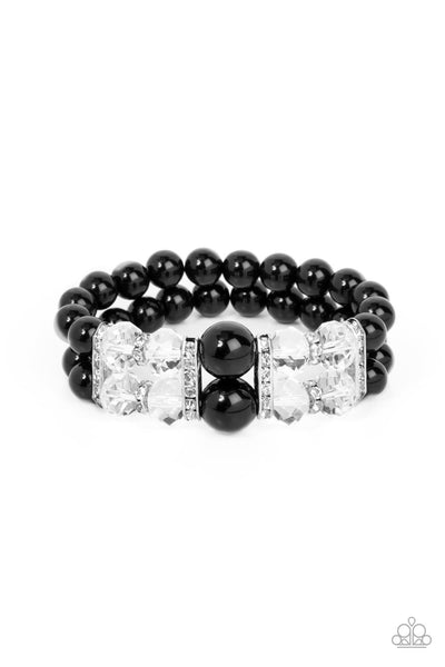 TIMELESSLY TEA PARTY - BLACK AND CRYSTAL BEAD STRETCHY BRACELET - PAPARAZZI