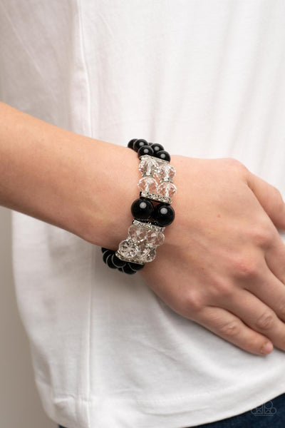 TIMELESSLY TEA PARTY - BLACK AND CRYSTAL BEAD STRETCHY BRACELET - PAPARAZZI