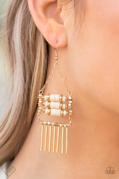 TRIBAL TAPESTRY - GOLD WHITE STONE FRINGE EARRINGS - PAPARAZZI - FASHION FIX MARCH 2022