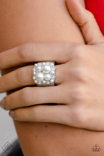 OPULENT OVERTURE - WHITE PEARL RHINESTONE SILVER RING - PAPARAZZI FASHION FIX DECEMBER 2022