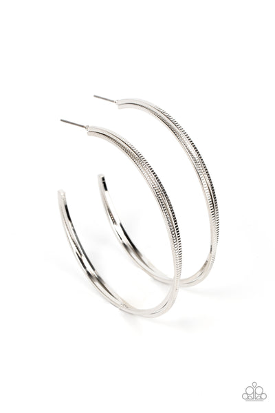 MONOCHROMATIC CURVES - SILVER TEXTURED HOOP EARRINGS - PAPARAZZI