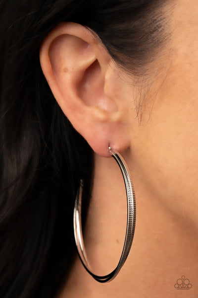 MONOCHROMATIC CURVES - SILVER TEXTURED HOOP EARRINGS - PAPARAZZI